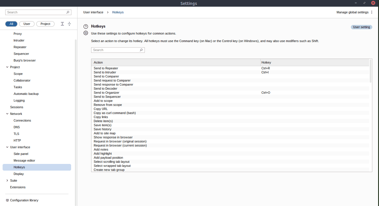 Burp Suite hotkeys settings