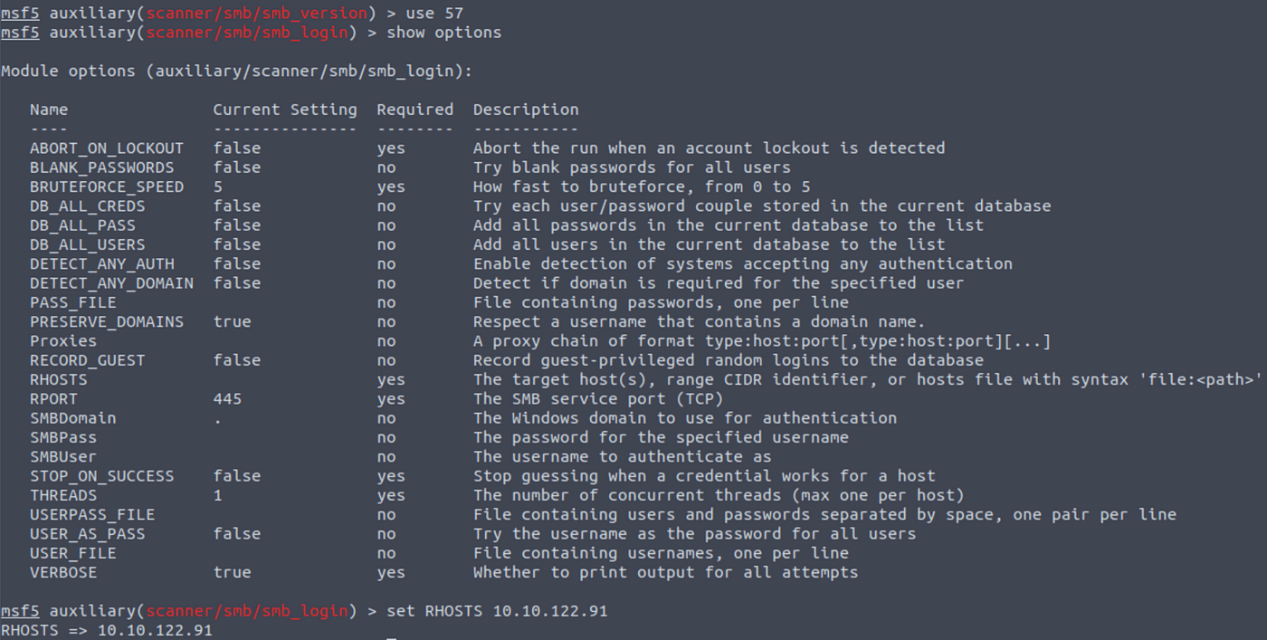 Showing options in Metasploit