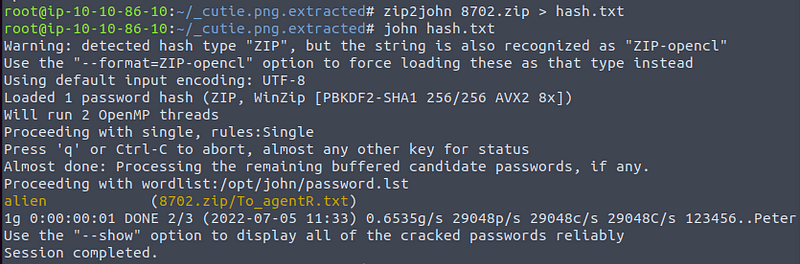 Cracking the zip file hash with john
