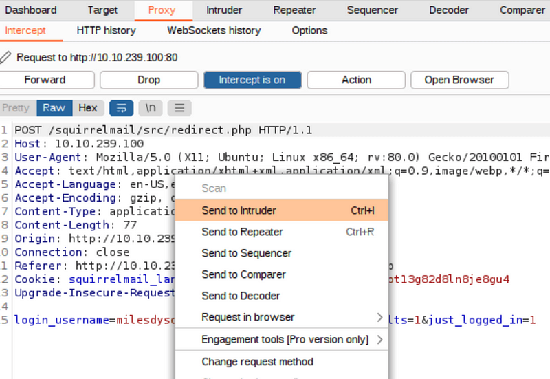 Sending the request to Intruder