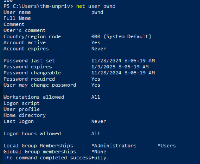 Using the net command to check our permissions