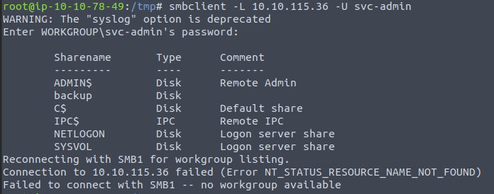 Listing the SMB shares as svc-admin