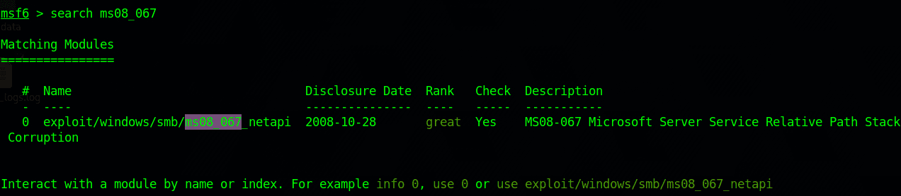 Finding the ms08_67 module