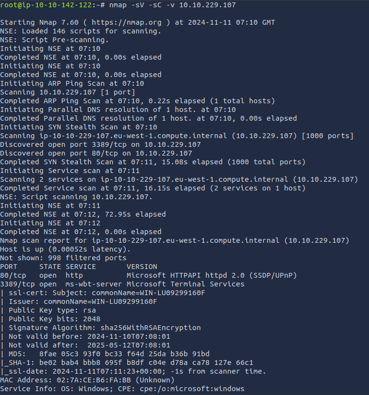 Nmap results showing a web server and remote desktop service