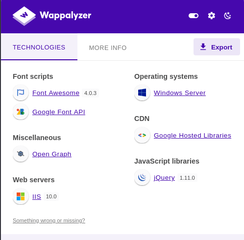 Wappalyzer results