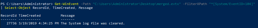 Finding event log clear command